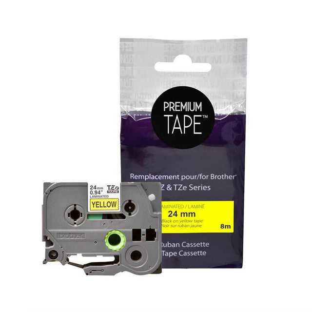 Premium Tape Label Tape - Alternative for Brother TZe-651 - 1' X 26' (24 mm X 8 m) - Black on Yellow - 1 Pack