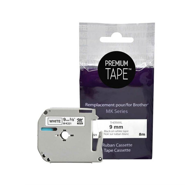 Premium Tape Label Tape - Alternative for Brother MK-221 - 3/8" x 26' (9 mm x 8 m) - Black on White - 1 Pack